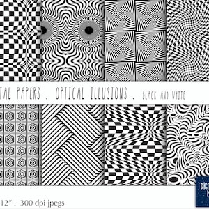 Optical Illusions - Black & White Digital Paper, 12&quot;x12&quot;,JPG, Printable, Instant Download