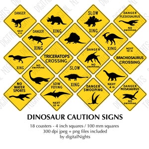 Printable Coasters - Dinosaur Caution Signs - 18p Set - Clipart Graphics, PNG & JPG, Digital Collage, Printable Download, Instant Download