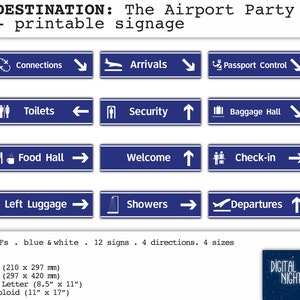 DESTINATIONS: Airport Party Signs, Arrivals,Departures,Passports,Food Hall  - blue & white - Printable PDF, Instant Download