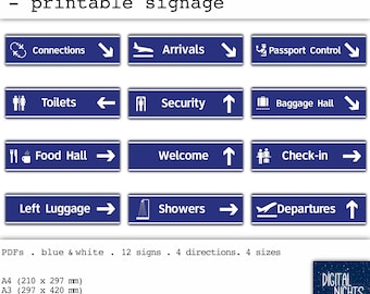 Airport Party Signs: Blue & White Theme, Printable PDF Decorations (Instant Download)