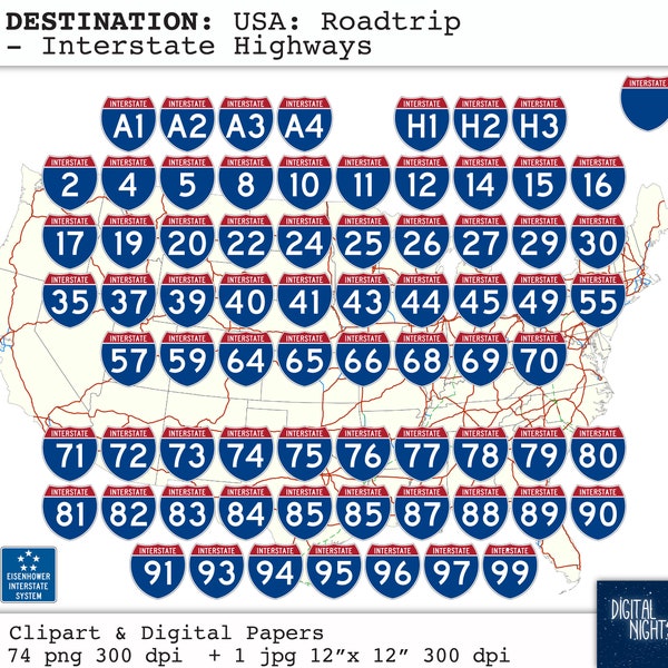 DESTINATIONS:  Road Trip - the Interstate Highway signs - Clipart & Digital Paper- Digital Collage, PNG JPG, Instant Download