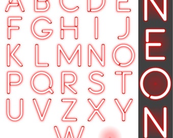May include: Red neon alphabet letters with a glowing effect. The letters are arranged in alphabetical order, with the word "NEON" displayed vertically on the right side of the image.