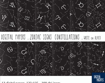 Zodiac Constellations, Astrological Signs - White on Black Seamless Digital Paper Set, 300 dpi JPG, Printable, Instant Download