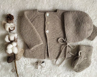 comfy coming home outfit - merino knit baby cardigan + bonnet + booties - newborn knit outfit - coming home baby clothes - handmade baby set