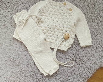 comfy coming home outfit - merino gebreide baby trui + broek - pasgeboren gebreide outfit - coming home baby kleding - gebreide baby set - Neugeborenes