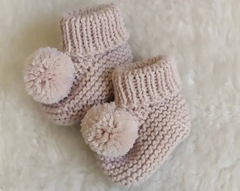 cotton merino baby booties with pompom - knit baby booties - newborn knit boots - handknit boots