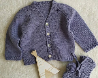 READY TO SHIP cotton coming home outfit - knitted baby cardigan + booties - cotton baby clothes - cotton baby cardigan 6 - 12 months