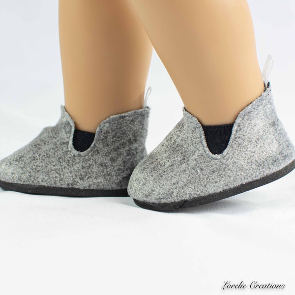 Doll Ankle BOOTS in Short Length in SILVER Gray Faux Suede with BLACK Soles and Insets for 18” Doll