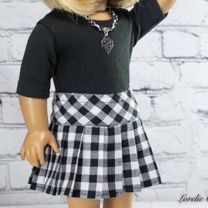 SKIRT Black White Check Pleated with Black TEE Shirt Top With 3/4 Sleeves and Necklace for 18 Inch Dolls