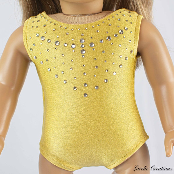 Doll LEOTARD Dance Wear Gymnastics Outfit in GOLD with Gold RHINESTONE Trim for 18 Inch Doll