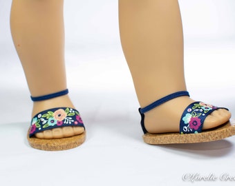 SANDALS SHOES Flipflops in NAVY Floral with Ankle Strap for 18 Inch dolls like American Girl