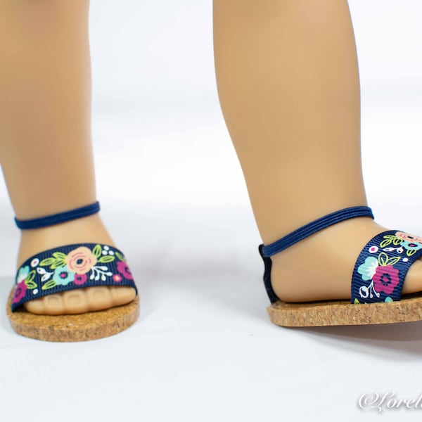 SANDALS SHOES Flipflops in NAVY Floral with Ankle Strap for 18 Inch dolls like American Girl