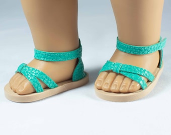 SANDALS Shoes Flats in TEAL Green Blue Faux Leather Beige Soles with Crisscrossed Toe Straps and Closed Heel for 18 inch Doll