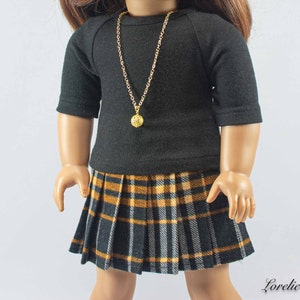 SKIRT Black Gold Orange  Pleated with Black Knit 3/4 Sleeve TOP Shirt and NECKLACE for 18 Inch Dolls