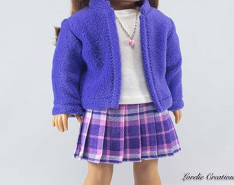 Doll SKIRT Plaid in Purple Pink White 3/4 Sleeve White SHIRT Necklace and Purple Fleece JACKET with Decorative Stitching for 18 inch Doll