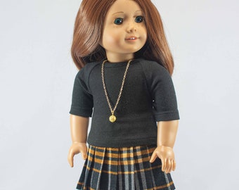 SKIRT Black Gold Orange  Pleated with Black Knit 3/4 Sleeve TOP Shirt and NECKLACE for 18 Inch Dolls