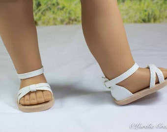 SANDALS Shoes Flats in WHITE Faux Leather Beige Soles with Crisscrossed Toe Straps and Closed Heel for 18 inch Doll