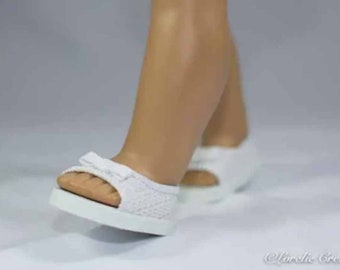 18 inch doll SHOES SANDALS beach flip flops peeptoe flats in White Lacy Woven-Look with Bow Trim