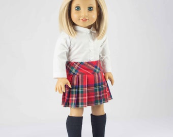 SKIRT Red Plaid Pleated with White Collared Shirt Top and Black Knee Socks for 18 Inch Dolls