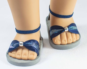 SANDALS Shoes in Navy BLUE with BEAD Trim with Elastic Ankle Strap and Faux Leather Closed Heel for 18 Inch Dolls