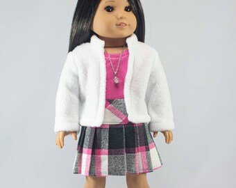 SKIRT Plaid in Pink Black White with Pink Tank TOP Necklace and White Fleece JACKET for 18 inch Doll