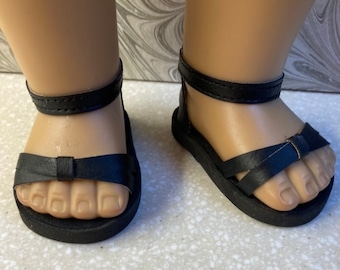 SANDALS Shoes Flats in BLACK Faux Leather BLACK Soles with Crisscrossed Toe Straps and Closed Heel for 18 inch Doll