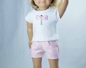 SHORTS in Pink with White TEE with Butterfly Applique and Sandals Option for American Girl or 18 Inch Doll
