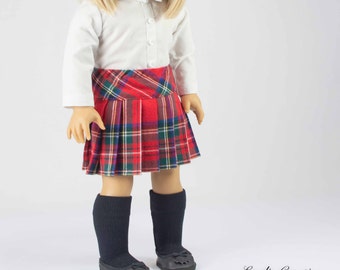 FALDA plisada a cuadros rojos con blusa de cuello blanco y calcetines negros hasta la rodilla para muñecas de 18 pulgadas