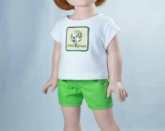 SHORTS in Bright Green with White TEE Shirt with Think Green Applique and Sandals Option for American Girl or 18 Inch Doll
