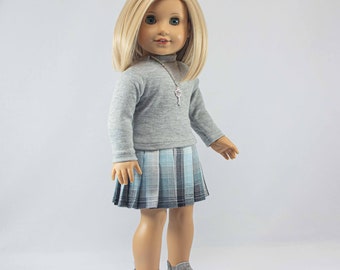 Doll SKIRT Blue Gray Plaid Pleated with Gray Mock TURTLENECK Shirt Top Necklace and BOOTS Option for 18 Inch Dolls like American Girl