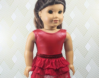 Doll LEOTARD Dance Wear Gymnastics Outfit in RED with Ruffled Skirt Cover and Belt for 18 Inch Doll