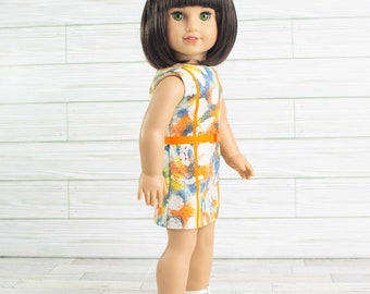 DRESS in ORANGE Cream Blue Batik Print with Belt and SANDALS Option for 18 Inch Doll