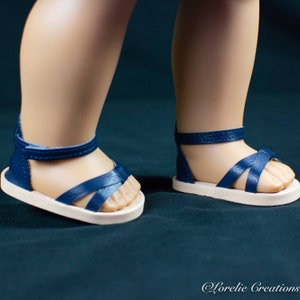SANDALS Shoes Flats in NAVY BLUE Faux Leather Beige Soles with Crisscrossed Toe Straps and Closed Heel for 18 inch Doll