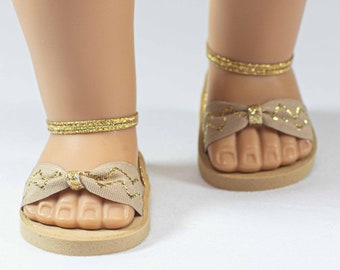 SANDALS Shoes Flipflops in BEIGE Tan GOLD with Heel and Ankle Strap and Heel Tab for 18 Inch Doll