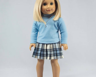 SKIRT Baby BLUE Black Cream Plaid Pleated with Baby Blue Mock TURTLENECK Shirt Top and Necklace for 18 Inch Dolls