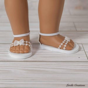 SANDALS Shoes in White PEARL Double Toe Strap with Bow and Elastic Ankle Strap and Faux Leather Heel for 18 Inch Dolls