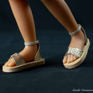 SIBLIES Ruby Red Fashion Doll Shoes SANDALS in GOLD Metallic Faux Leather with Toe Strap Elastic Ankle Strap and Closed Heel