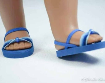 18 inch doll SANDALS SHOES Flipflops in Ombre Blue with Bead Trim and Ankle and Heel Strap