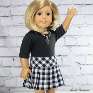 SKIRT Black White Check Pleated with Black TEE Shirt Top With 3/4 Sleeves and Necklace for 18 Inch Dolls