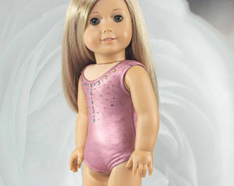 Doll LEOTARD Dance Wear Gymnastics Outfit in Rose Gold PINK with RHINESTONE Trim for 18 Inch Doll