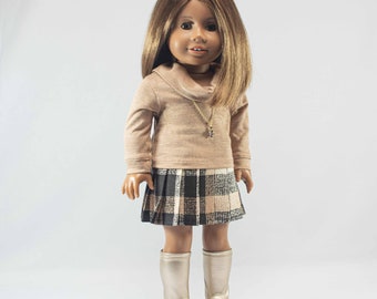 Doll SKIRT Black Cream Taupe Pleated with Taupe Shirt Top Necklace and BOOTS Option for 18 Inch Dolls like American Girl