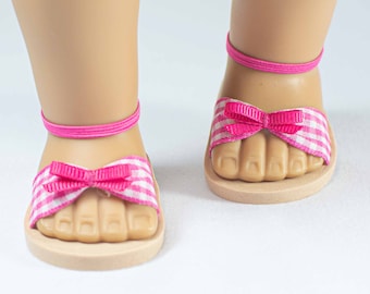 SANDALS Shoes in HOT PINK Checked Gingham Bow Trim with Elastic Ankle and Heel Straps for 18 Inch Dolls