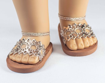 SANDALS Shoes in ROSE GOLD Faux Leather with Cut-out Design  and Elastic Ankle Strap and Faux Leather Heel for 18 Inch Dolls