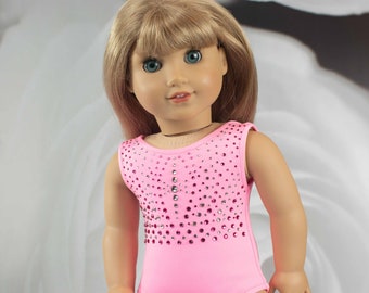 Doll LEOTARD Dance Wear Gymnastics Outfit in PINK with Pink and Silver Rhinestone Trim for 18 Inch Doll