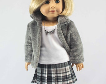 Doll SKIRT Plaid in Black Gray White with White Tank TOP Necklace and Dark Gray Fleece JACKET for 18 inch Doll