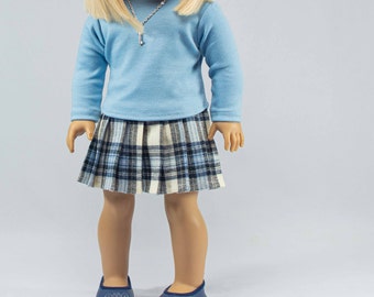 SKIRT Baby BLUE Black Cream Plaid Pleated with Baby Blue Mock TURTLENECK Shirt Top and Necklace for 18 Inch Dolls
