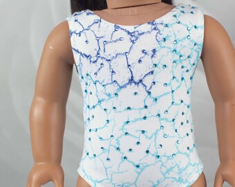 Doll LEOTARD Dance Wear Gymnastics Outfit in WHITE and BLUE with Multicolor Rhinestone Trim on Front and Back for 18 Inch Doll