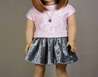 SKIRT in Silver Gray Velveteen with Pink Lace Front TEE Shirt Top Necklace and SANDALS Options 18 Inch Doll