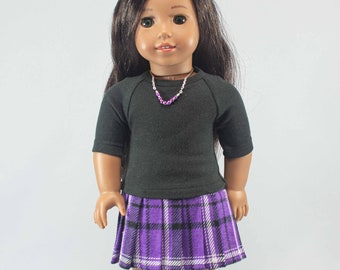 SKIRT Purple Black White Pleated with Black Knit 3/4 Sleeve TOP Shirt and NECKLACE for 18 Inch Dolls