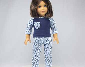 Last One!  PAJAMAS Lounge Wear in Navy and Light BLUE Print Pants and Shirt for 18 Inch Doll